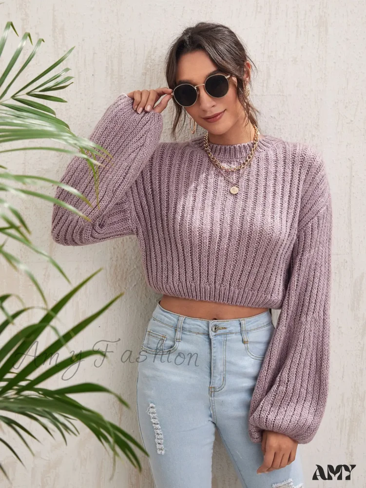 Crew Neck Casual Solid Color Short Waist Lantern Sleeve Sweater - Image 2
