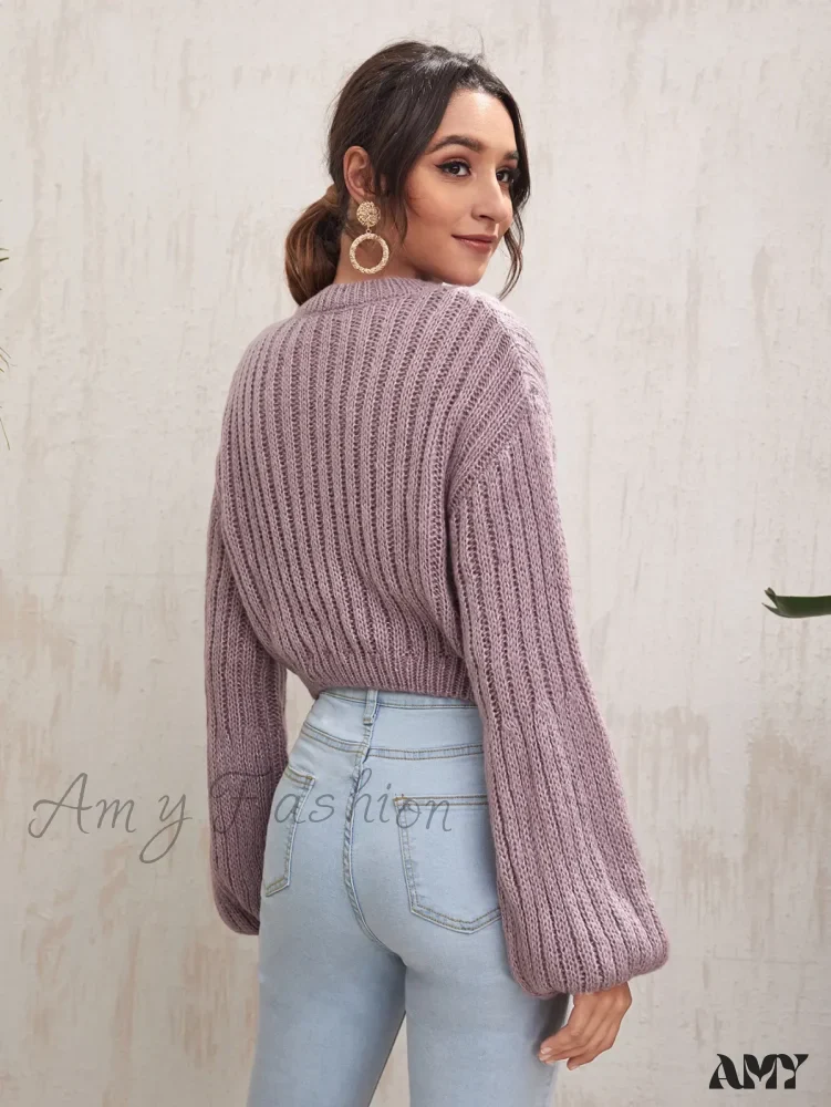 Crew Neck Casual Solid Color Short Waist Lantern Sleeve Sweater - Image 3