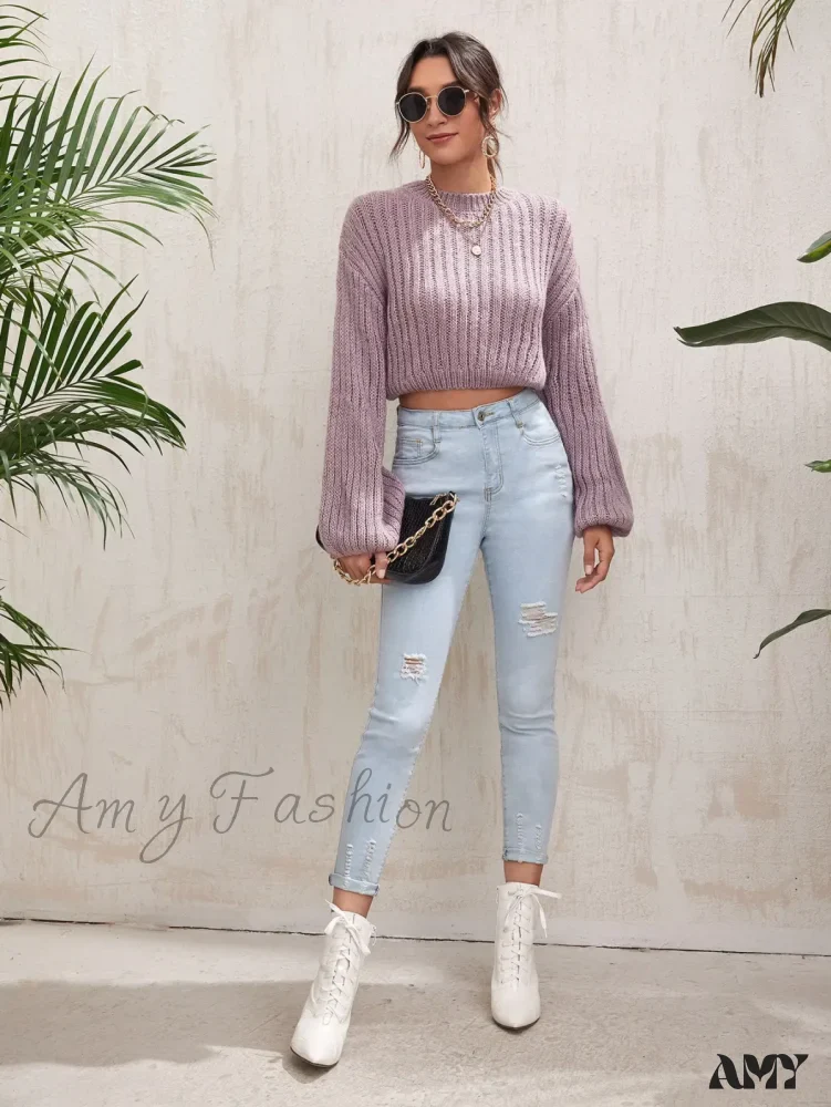 Crew Neck Casual Solid Color Short Waist Lantern Sleeve Sweater - Image 4