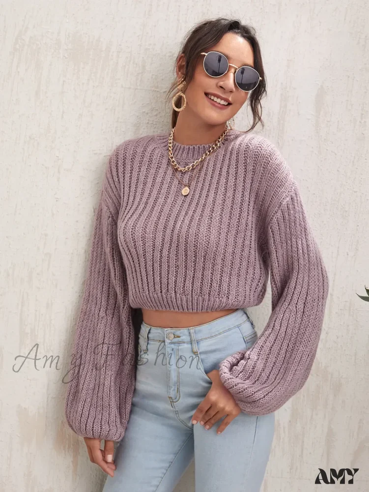 Crew Neck Casual Solid Color Short Waist Lantern Sleeve Sweater - Image 5