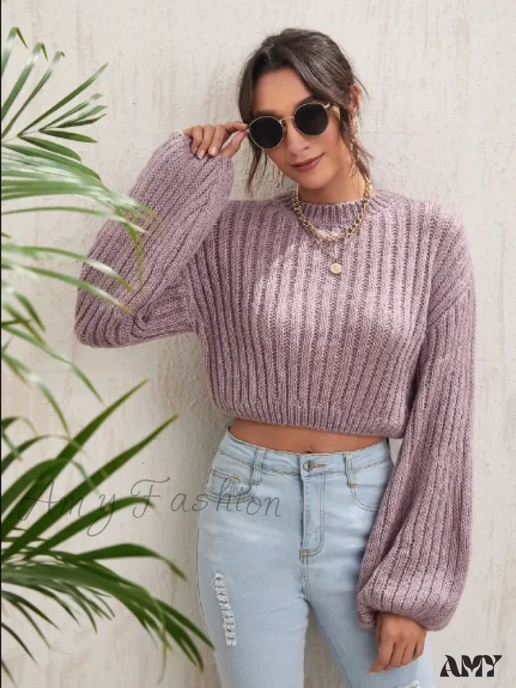 Crew Neck Casual Solid Color Short Waist Lantern Sleeve Sweater - Image 6
