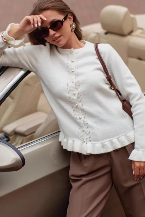 Crew Neck Layered Trim Long Sleeve Casual Knit Cardigan - Image 2