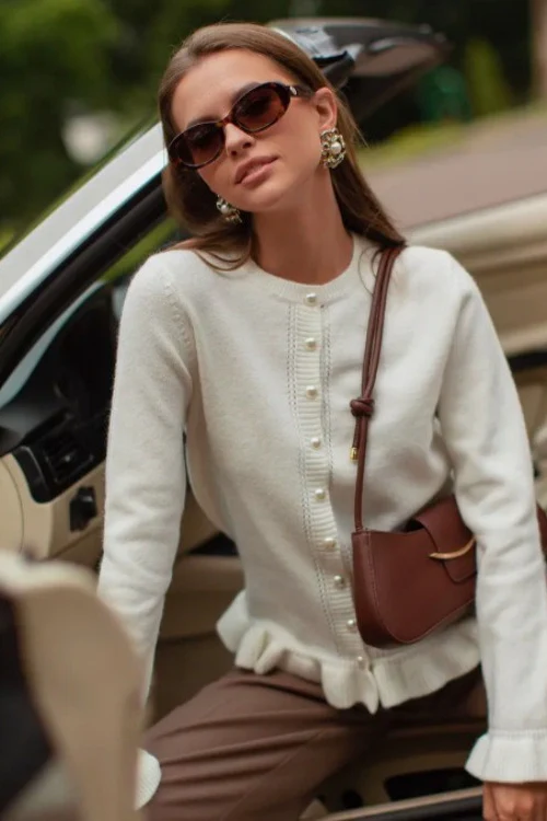 Crew Neck Layered Trim Long Sleeve Casual Knit Cardigan - Image 3