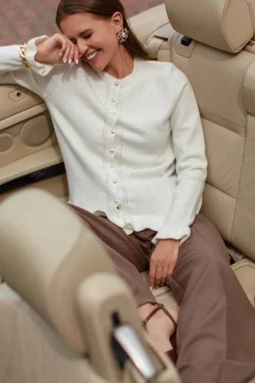 Crew Neck Layered Trim Long Sleeve Casual Knit Cardigan - Image 5