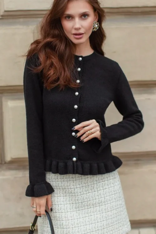 Crew Neck Layered Trim Long Sleeve Casual Knit Cardigan - Image 6