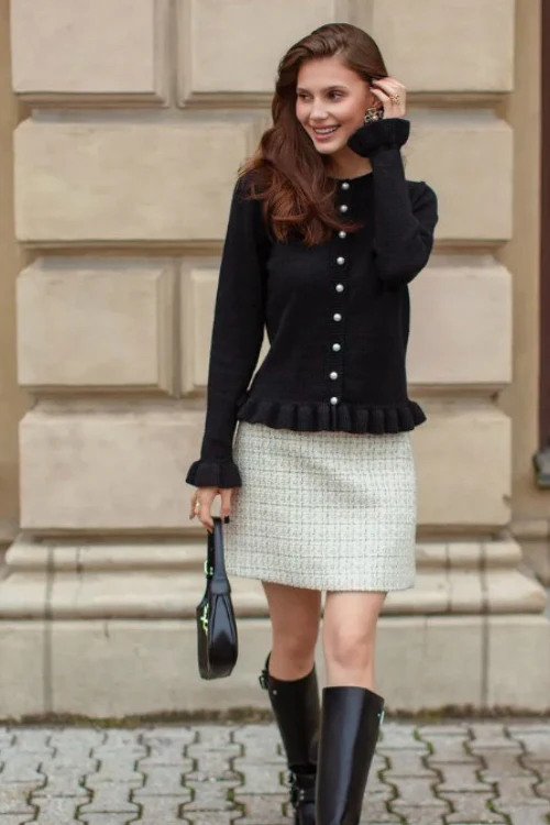 Crew Neck Layered Trim Long Sleeve Casual Knit Cardigan - Image 8