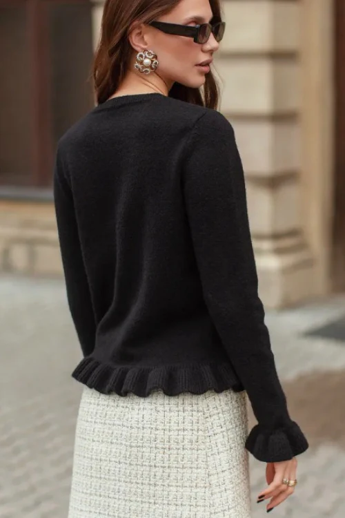 Crew Neck Layered Trim Long Sleeve Casual Knit Cardigan - Image 9