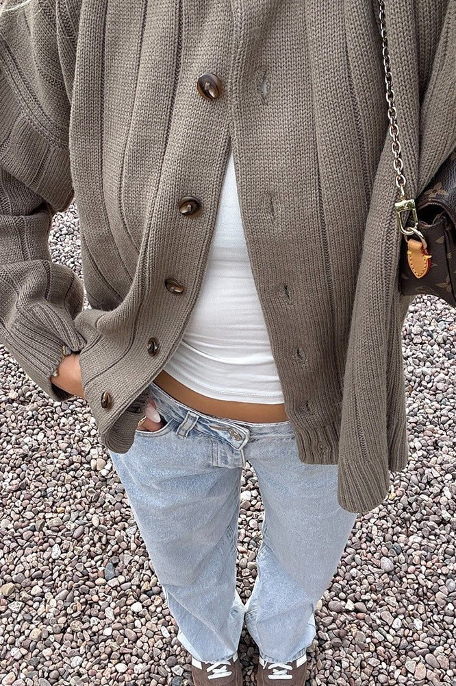 Crew Neck Ribbed Slouchy Loose Cardigan - Image 2