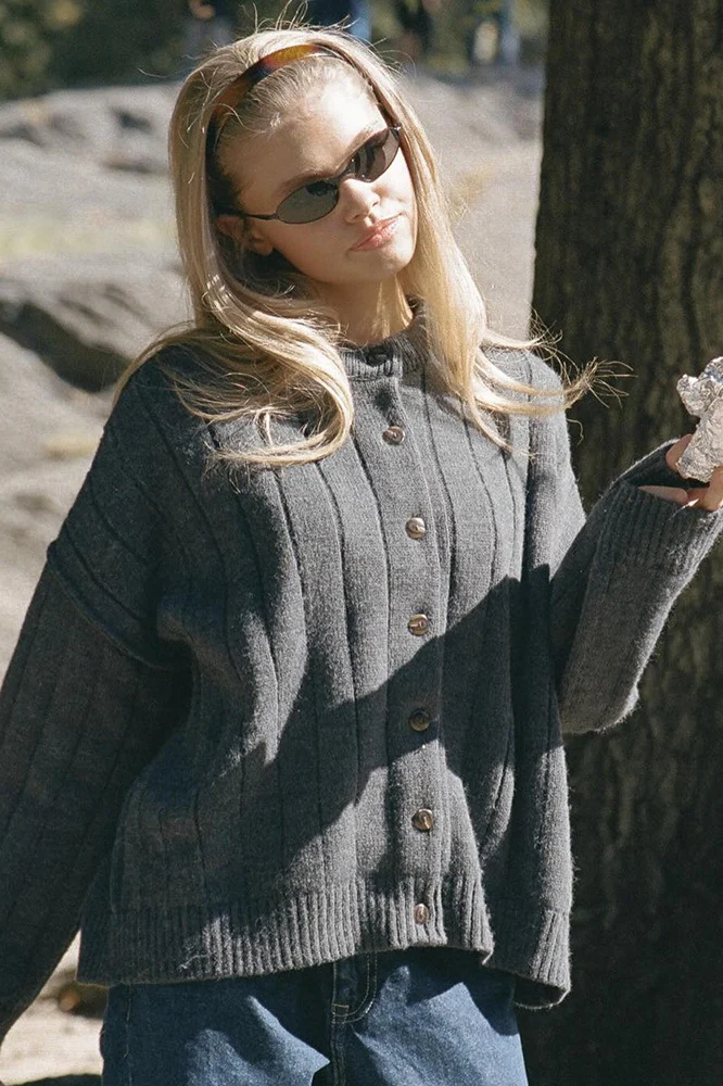 Crew Neck Ribbed Slouchy Loose Cardigan - Image 3