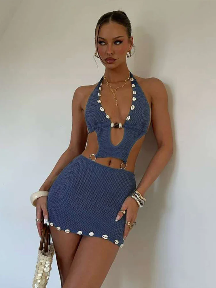 Crochet Conch Pearl Backless Party Dress - Image 5