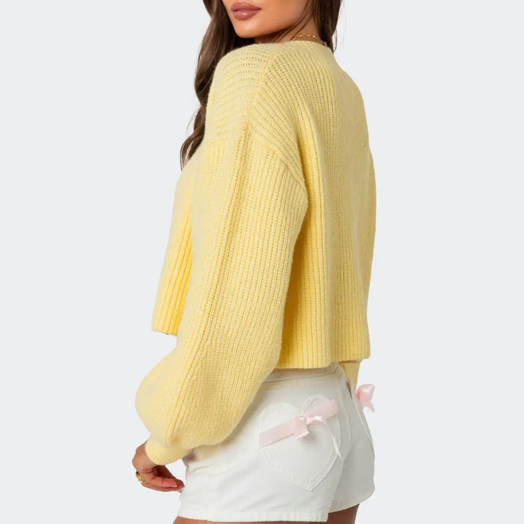 Crop Button V-neck Lantern Sleeve Cardigan - Image 2