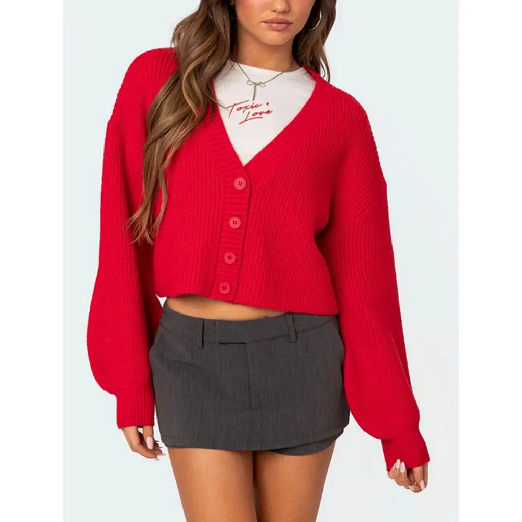 Crop Button V-neck Lantern Sleeve Cardigan - Image 3