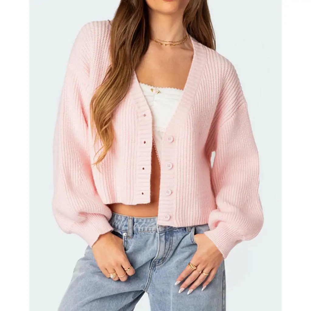 Crop Button V-neck Lantern Sleeve Cardigan - Image 4