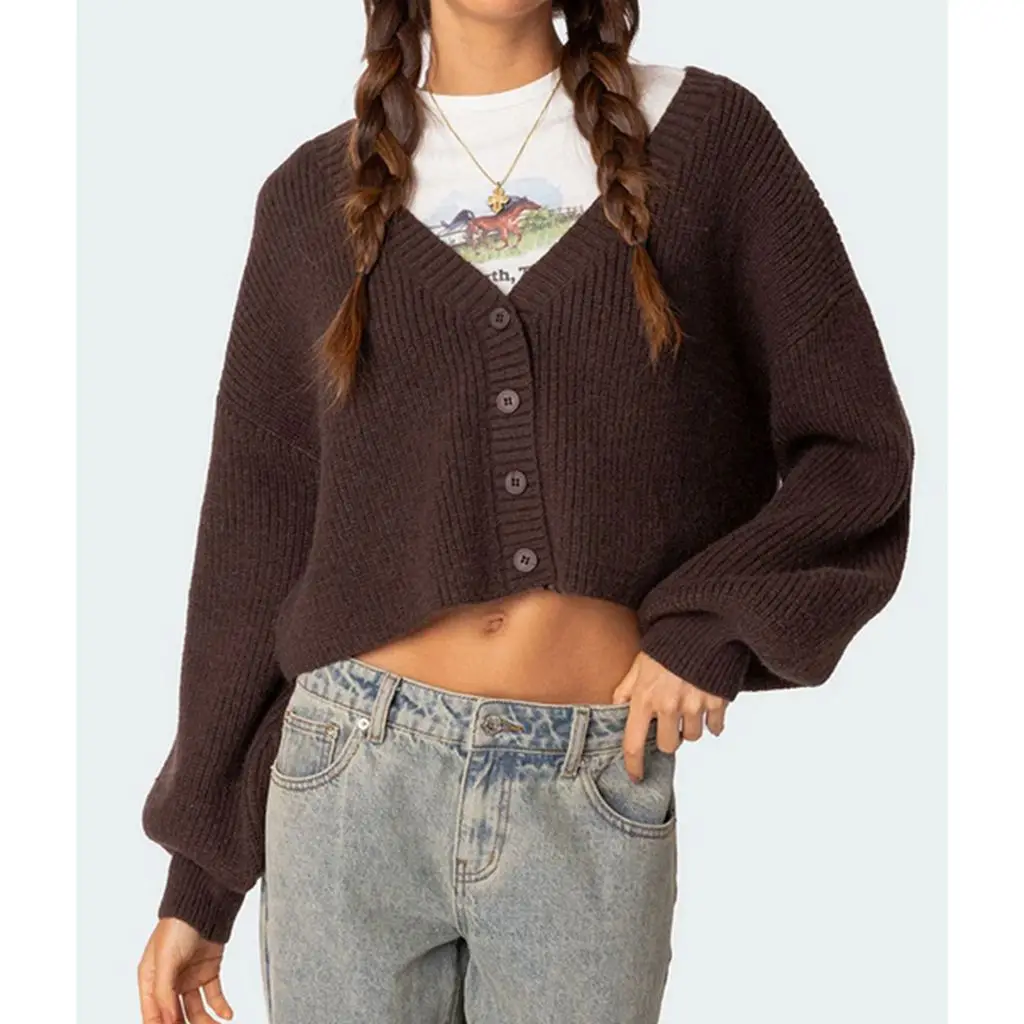Crop Button V-neck Lantern Sleeve Cardigan - Image 5