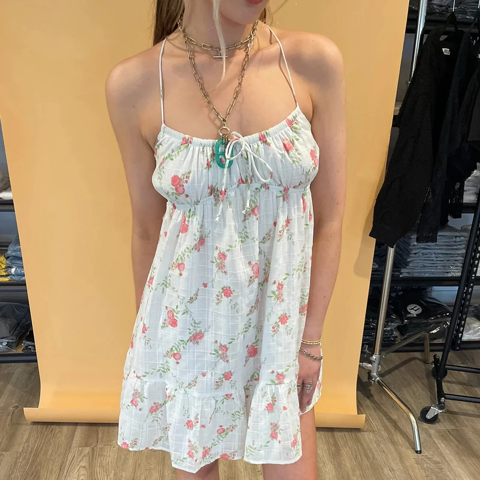 Cross Bandage Floral Mini Vacation Dress