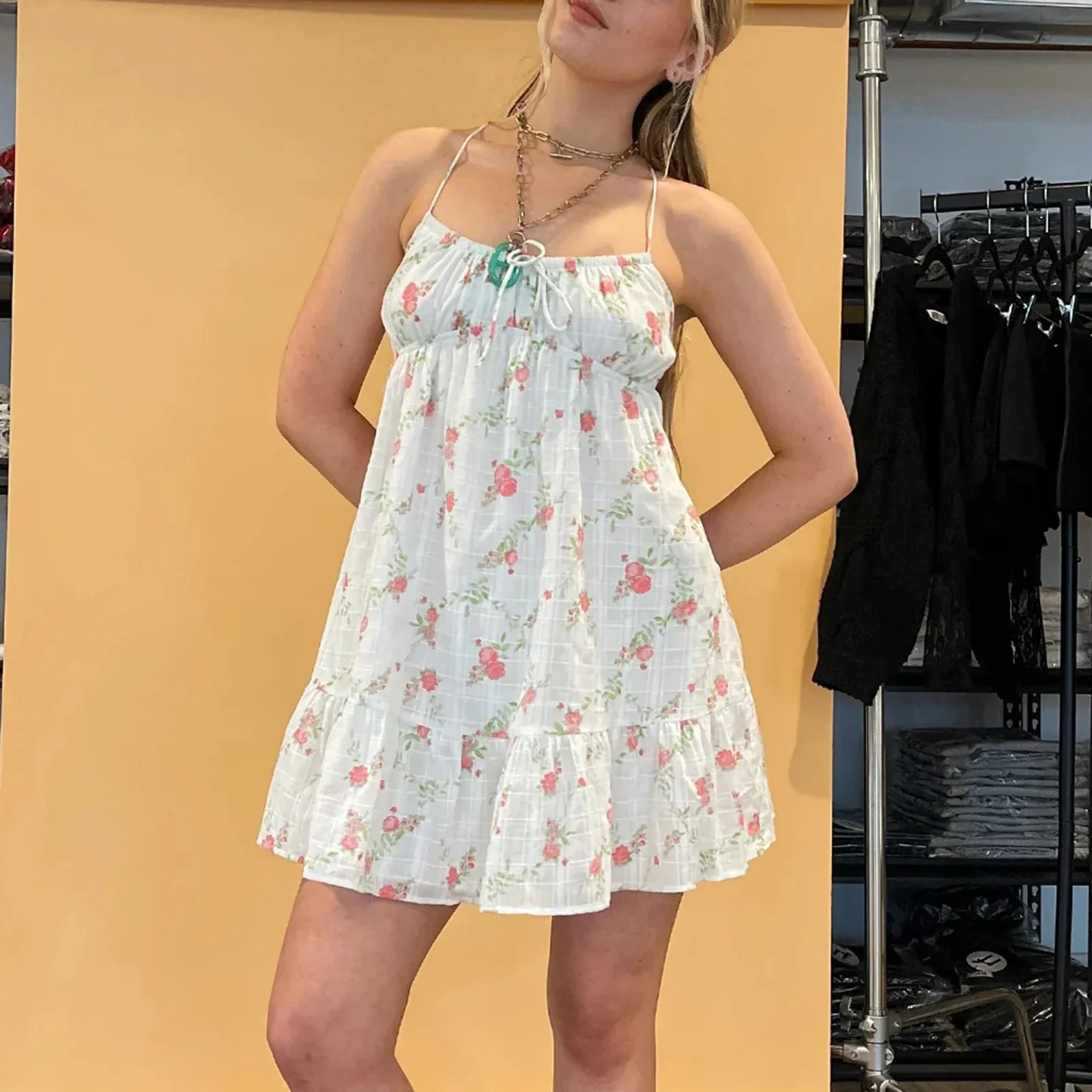 Cross Bandage Floral Mini Vacation Dress - Image 2