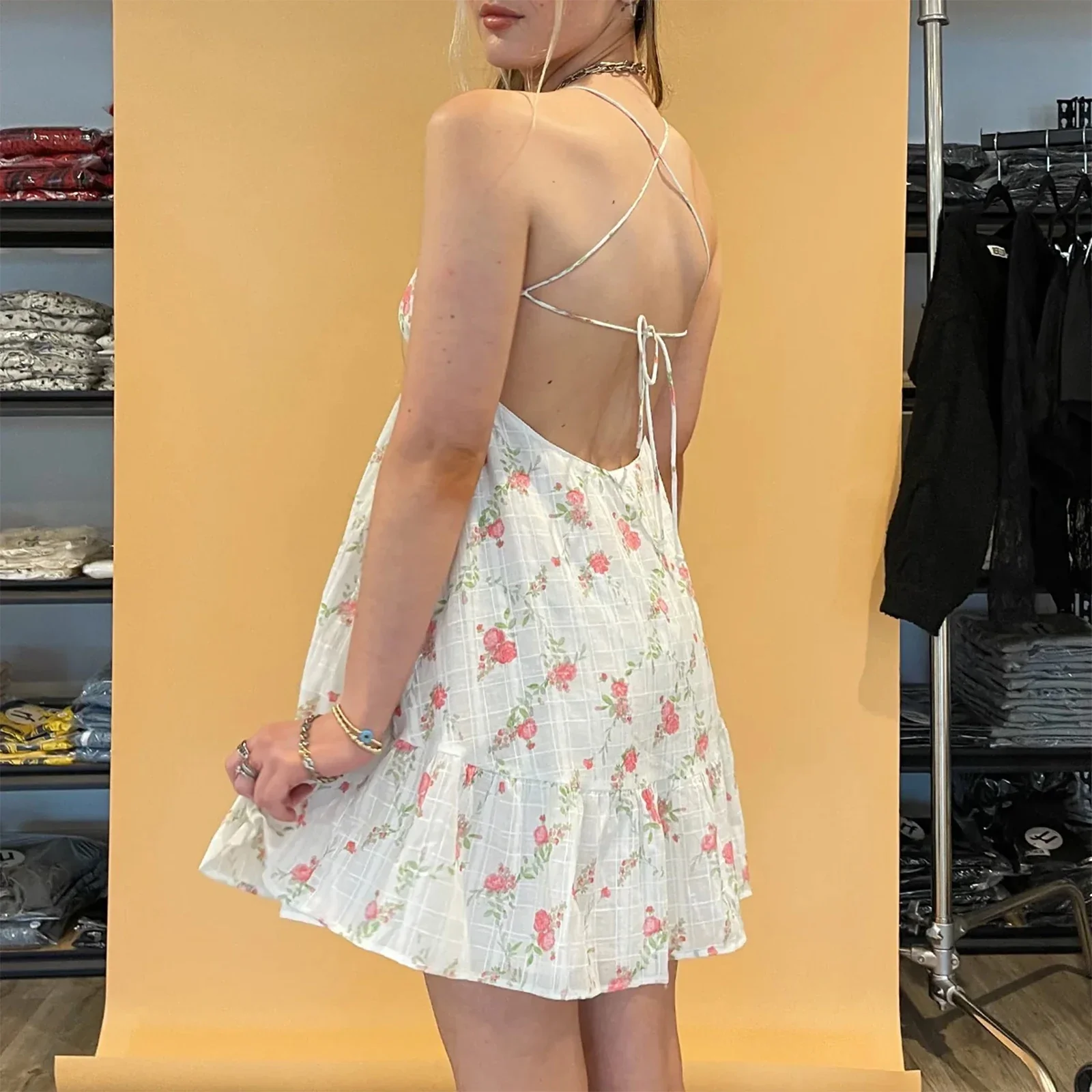 Cross Bandage Floral Mini Vacation Dress - Image 5