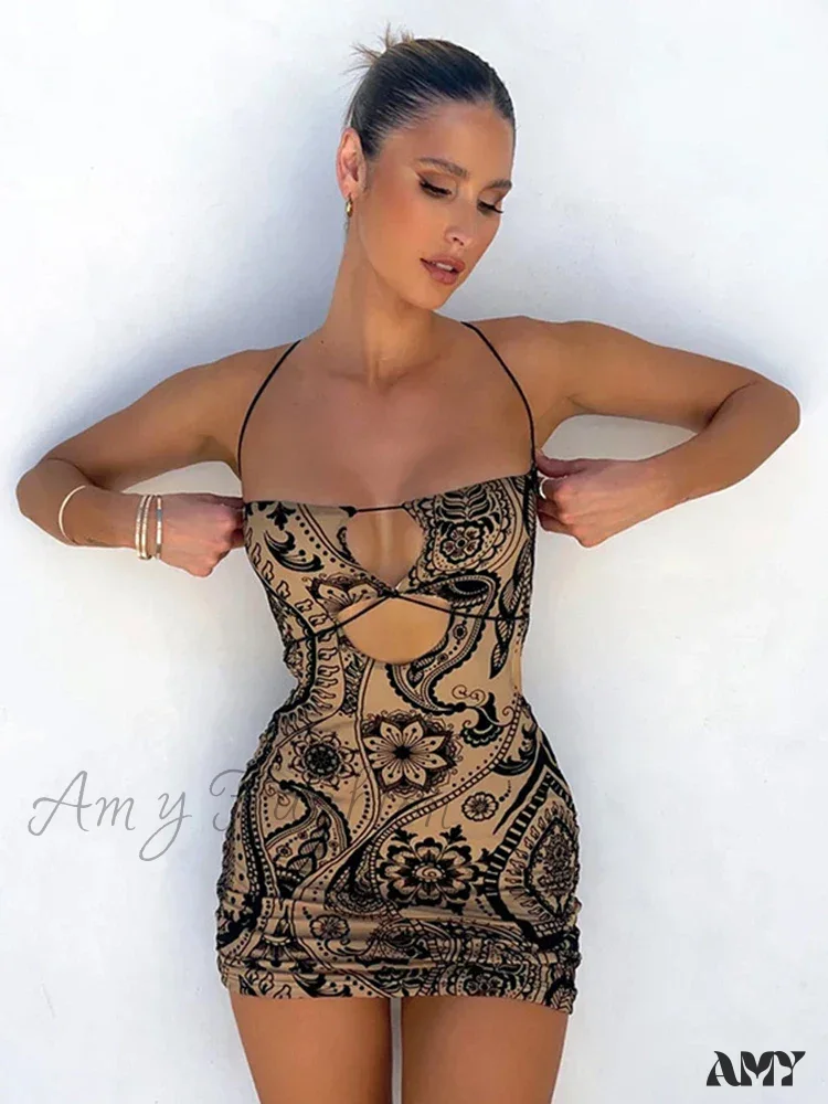 Amy Fashion - Cryptographic Print Backless Summer Boho Dress - Image 2