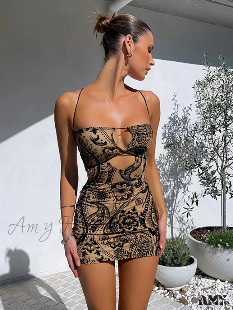 Amy Fashion - Cryptographic Print Backless Summer Boho Dress - Image 3