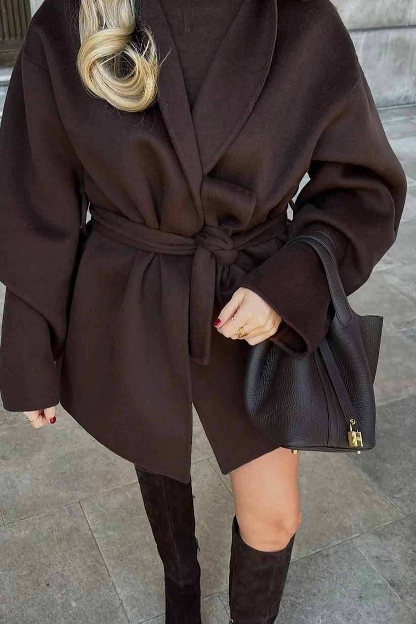 Dark Brown Short Loose Tie Waist Elegant Wool Coat - Image 3