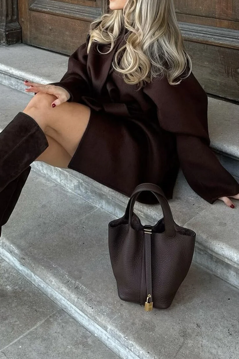Dark Brown Short Loose Tie Waist Elegant Wool Coat - Image 4