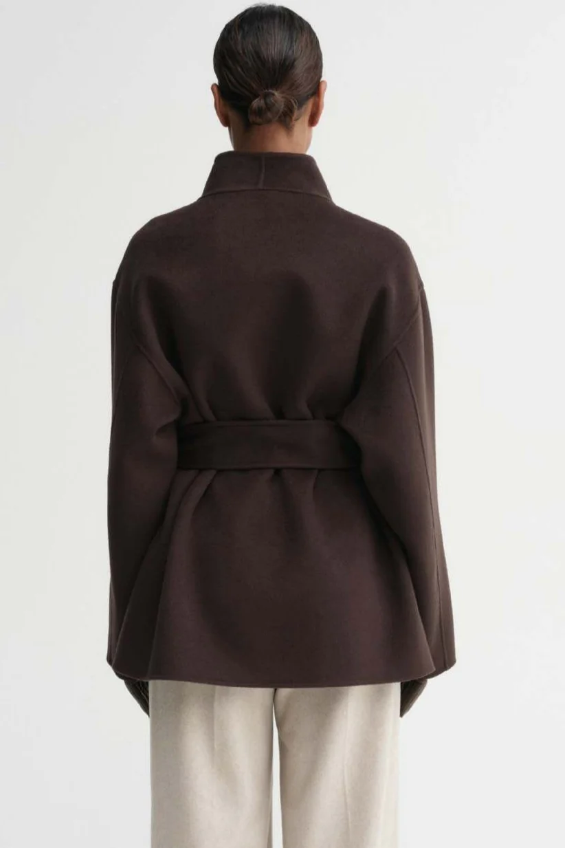 Dark Brown Short Loose Tie Waist Elegant Wool Coat - Image 5