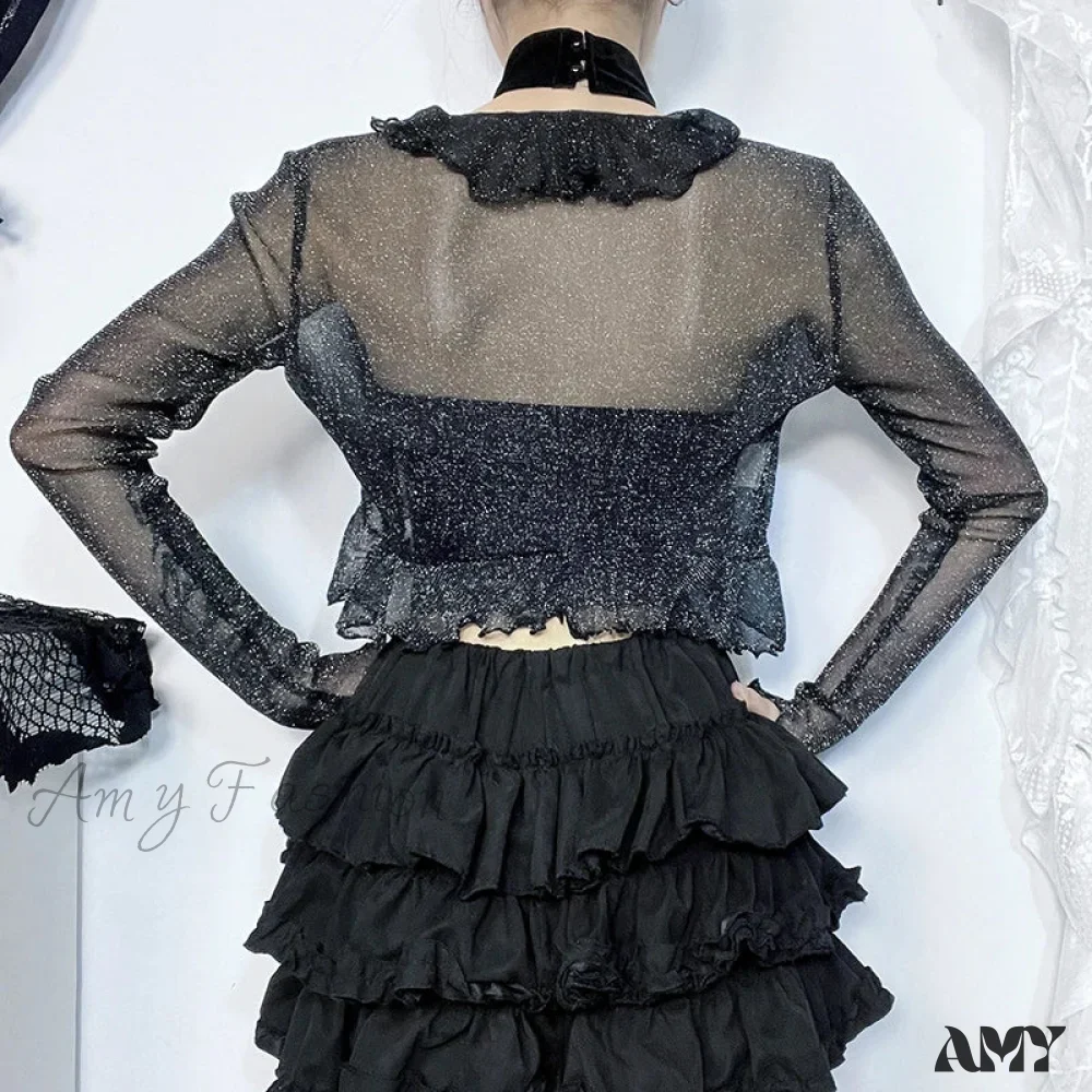 Dark Fairycore Glitter Elegant Thin Gothic See-through Ruched Crop Alternative Cardigan - Image 4