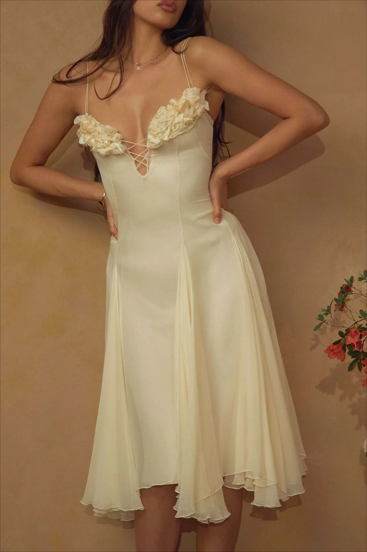 Deep V 3D Floral Sheer Midi Party Dress - Image 10