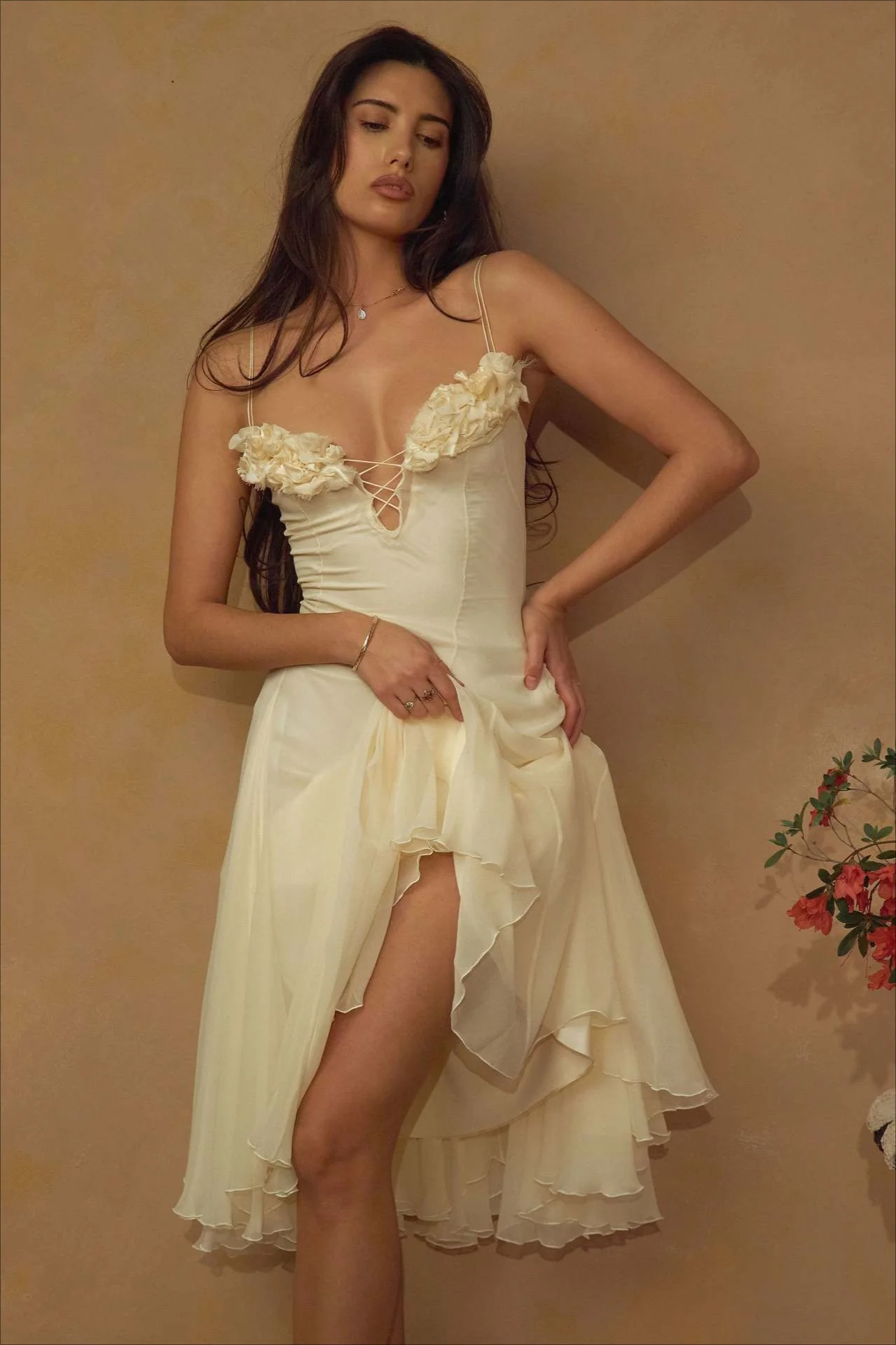 Deep V 3D Floral Sheer Midi Party Dress - Image 11