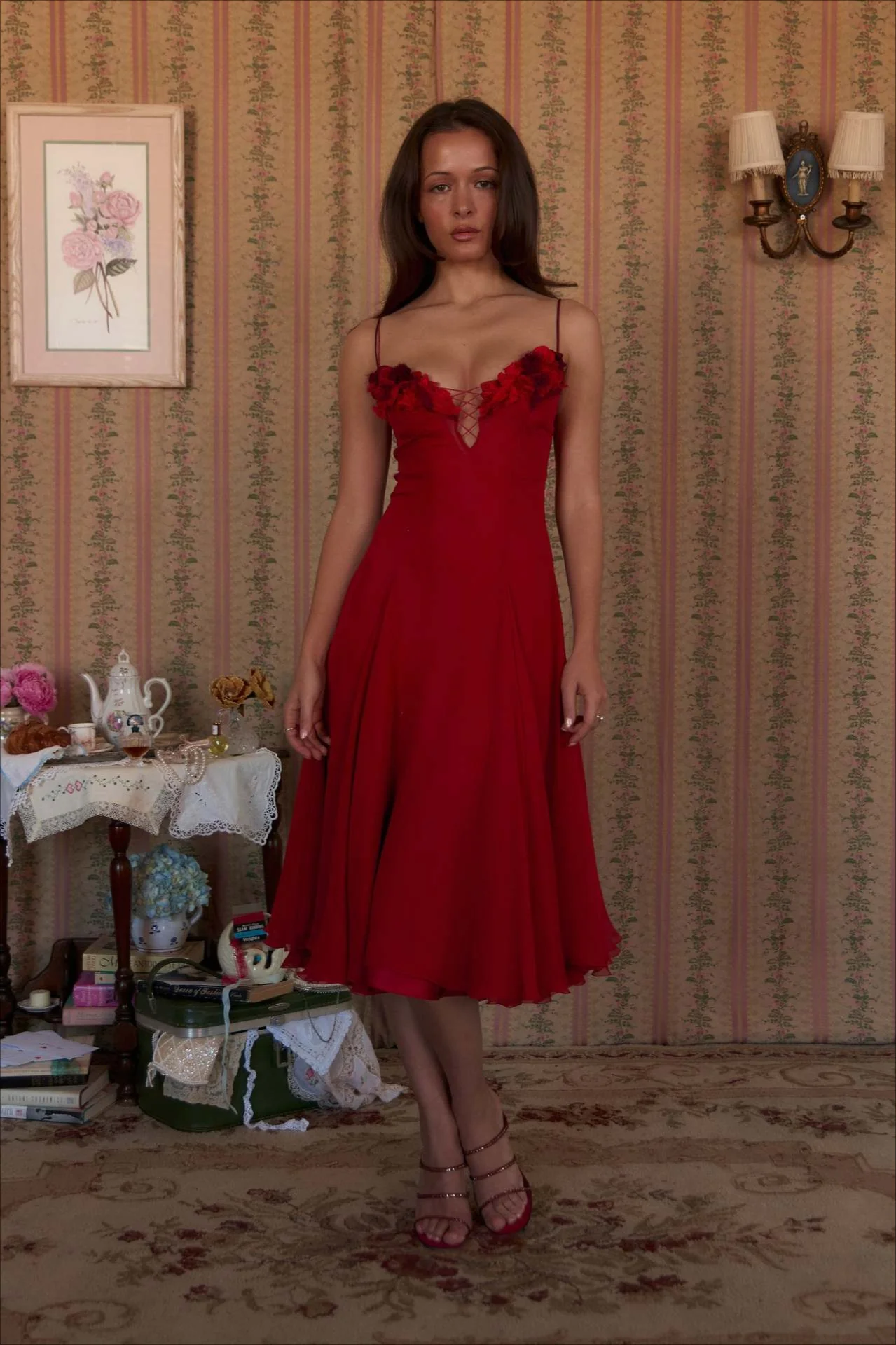 Deep V 3D Floral Sheer Midi Party Dress - Image 2