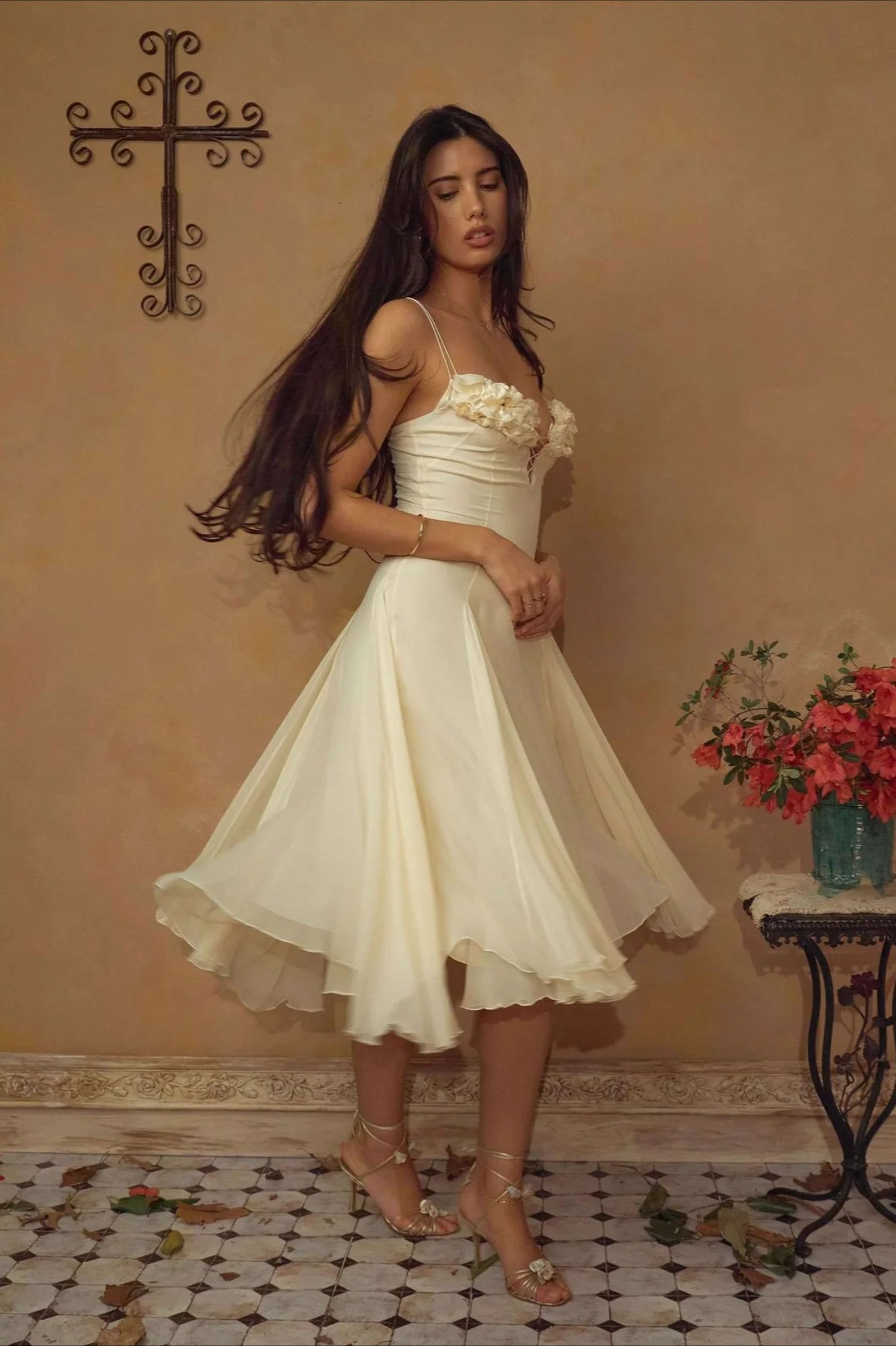Deep V 3D Floral Sheer Midi Party Dress - Image 7