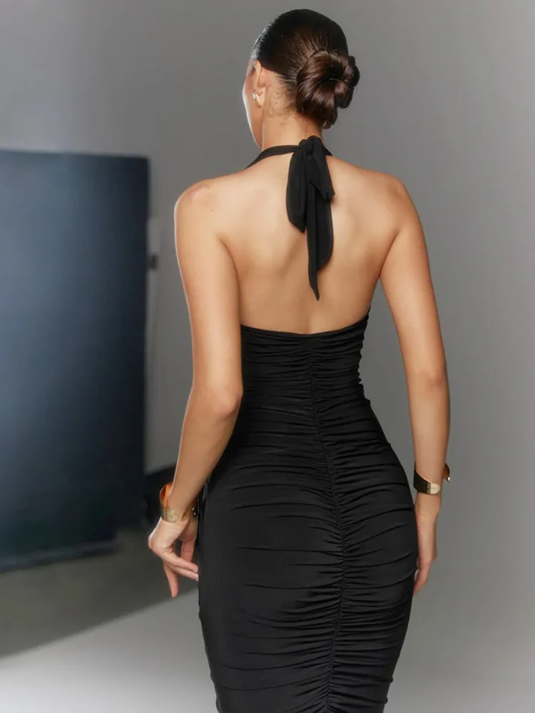 Deep V-Neck Black Ruched Maxi Dress - Image 5