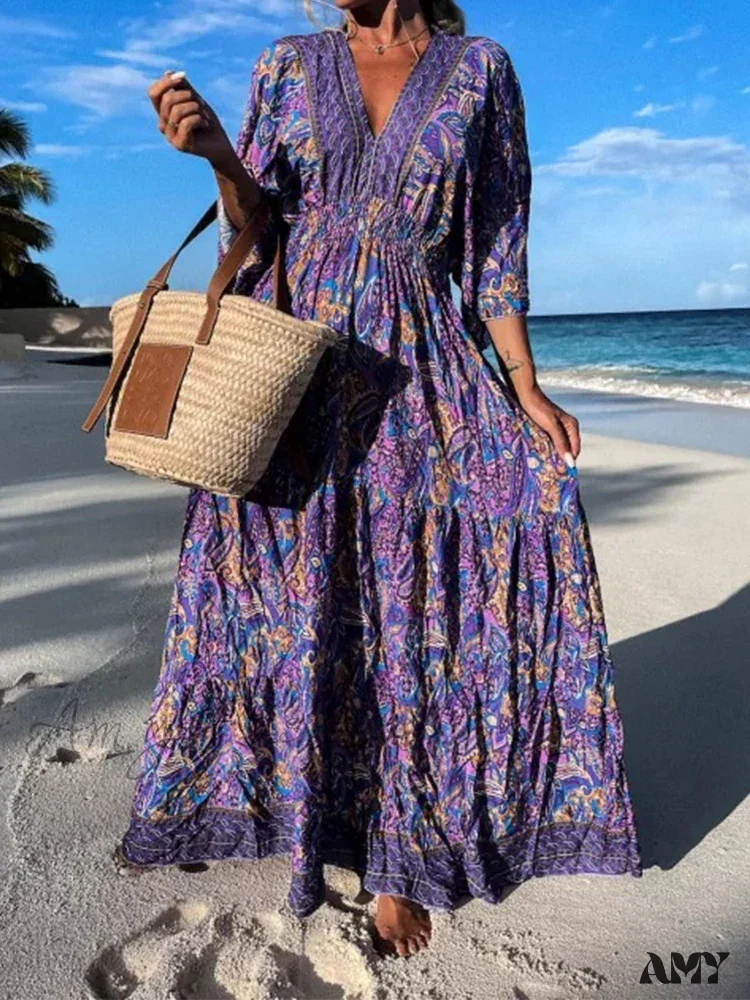 Amy Fashion - Deep V Neck Waist Drawstring Spring Pattern Vintage Boho Dress - Image 10