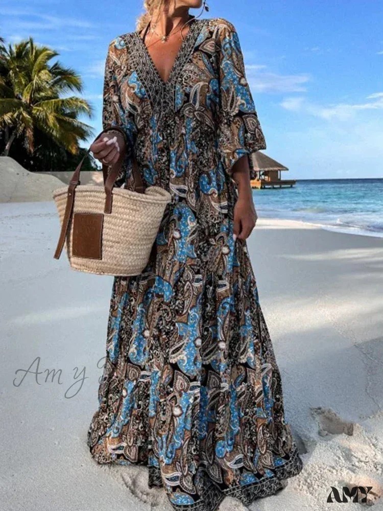 Amy Fashion - Deep V Neck Waist Drawstring Spring Pattern Vintage Boho Dress - Image 5