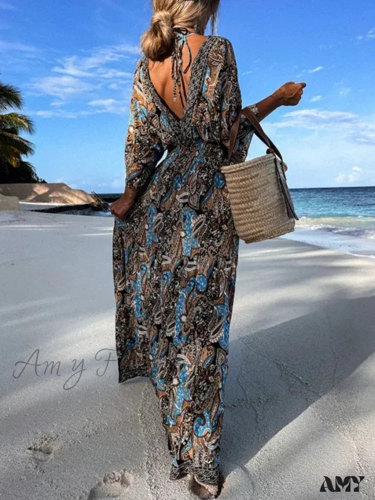 Amy Fashion - Deep V Neck Waist Drawstring Spring Pattern Vintage Boho Dress - Image 6