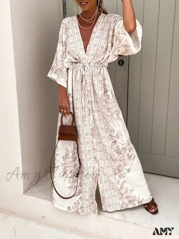 Amy Fashion - Deep V Neck Waist Drawstring Spring Pattern Vintage Boho Dress - Image 7