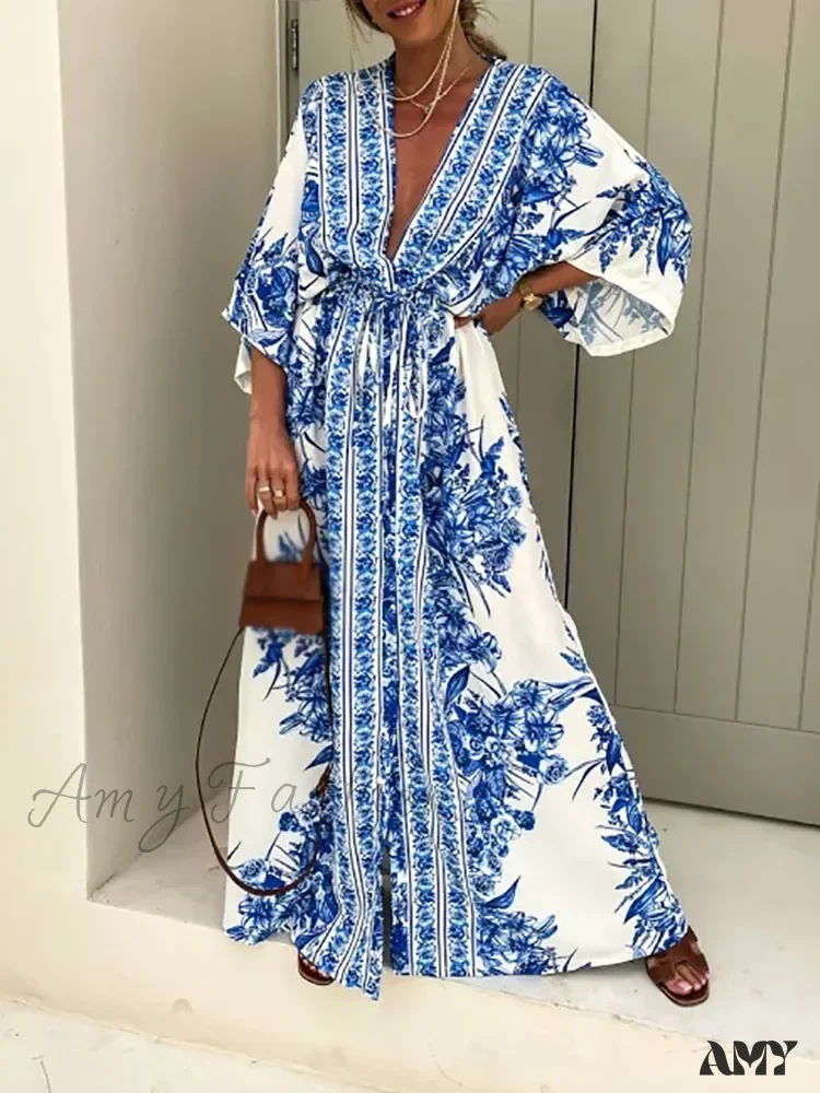 Amy Fashion - Deep V Neck Waist Drawstring Spring Pattern Vintage Boho Dress - Image 8