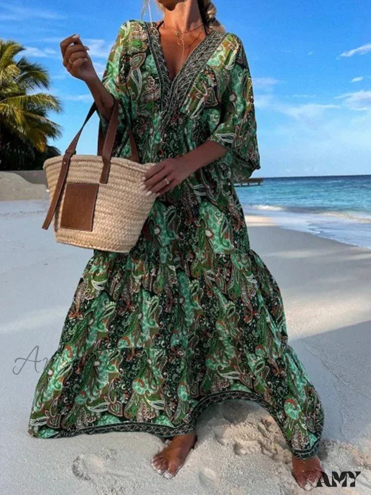 Amy Fashion - Deep V Neck Waist Drawstring Spring Pattern Vintage Boho Dress - Image 9