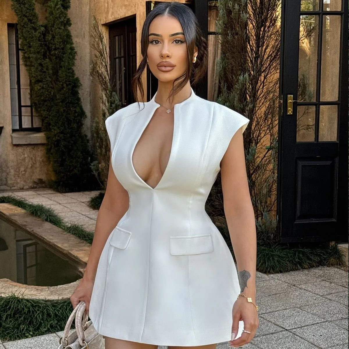 Deep V Sleeveless Club Mini Dress - Image 5