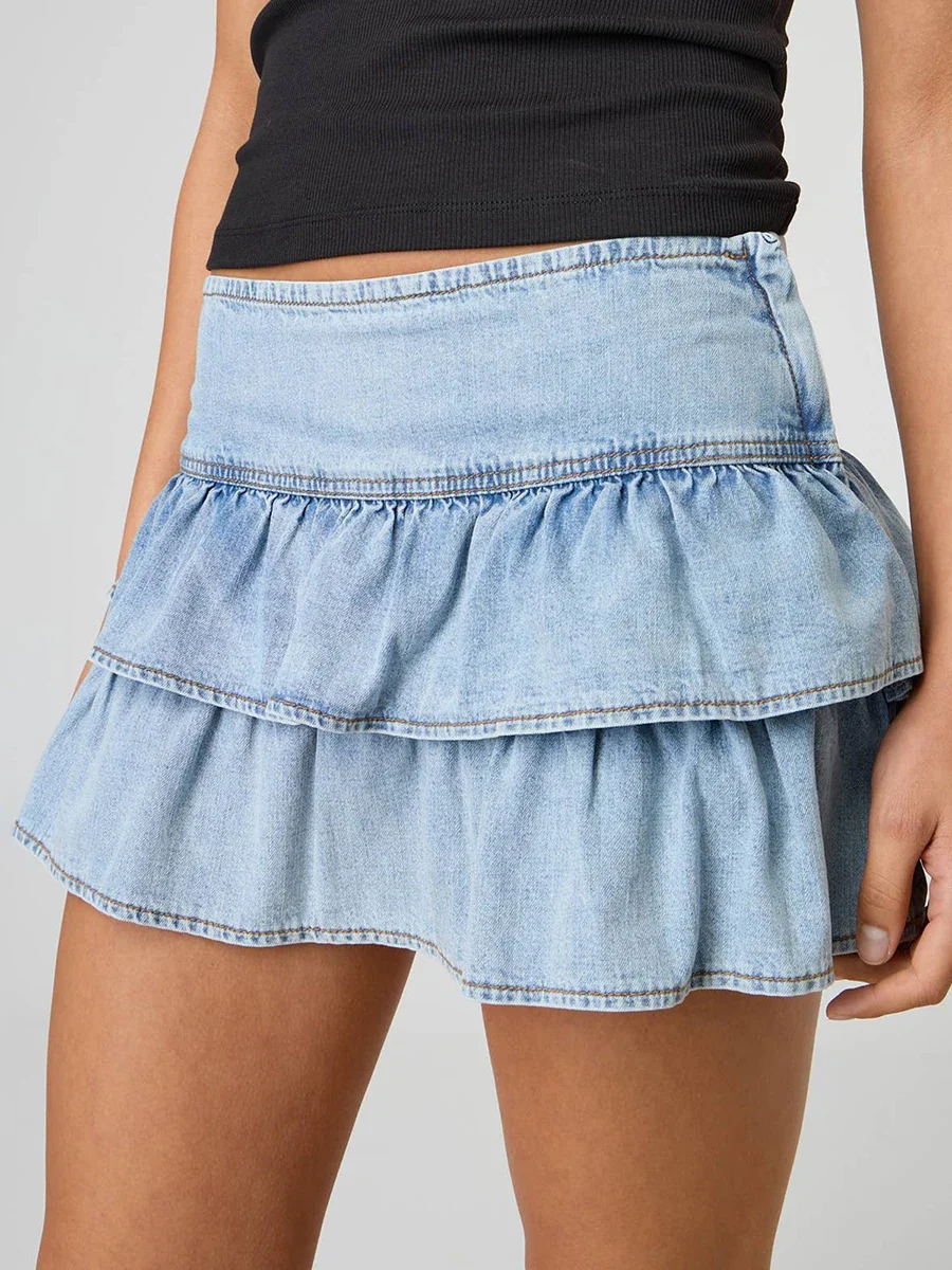 Denim Wash Ruffle A-line Mini Skirt
