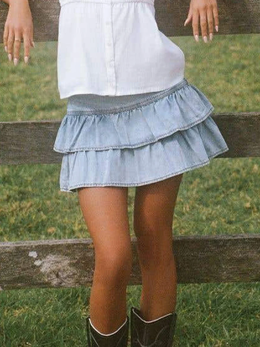 Denim Wash Ruffle A-line Mini Skirt - Image 4