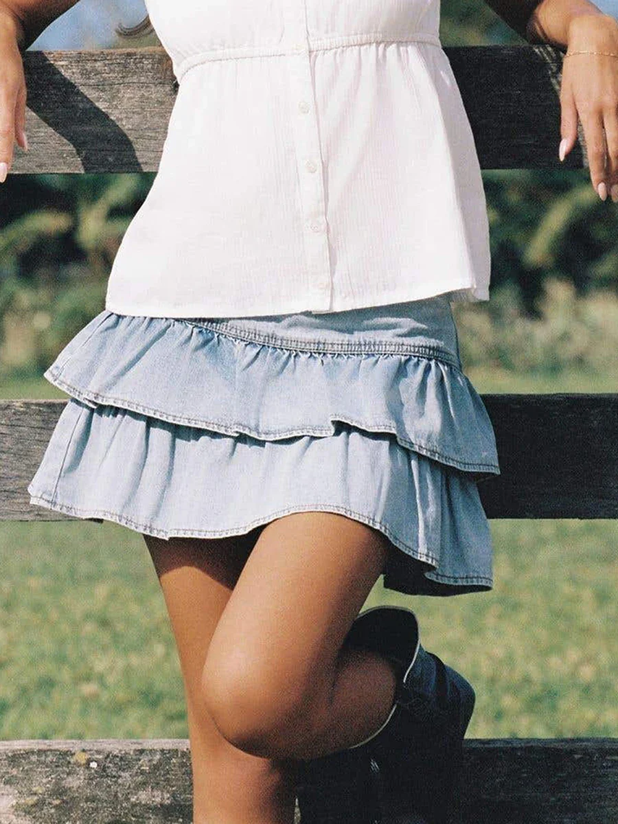 Denim Wash Ruffle A-line Mini Skirt - Image 5