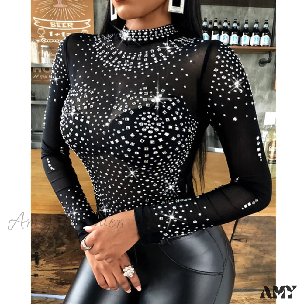 Amy Fashion - Long Sleeve Slim Fit Round Neck Diamonds Shine Blouse - Image 8