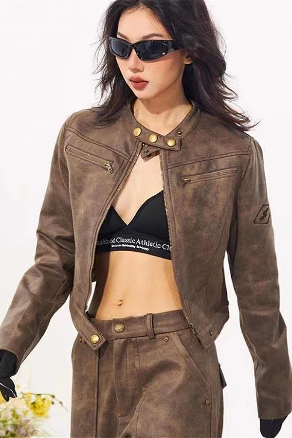 Distressed Suede Moto Stand-Collar Jacket - Image 2