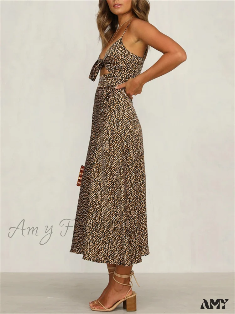 Amy Fashion - Dot Sling Knotted Sexy Hollow Dress - Image 3