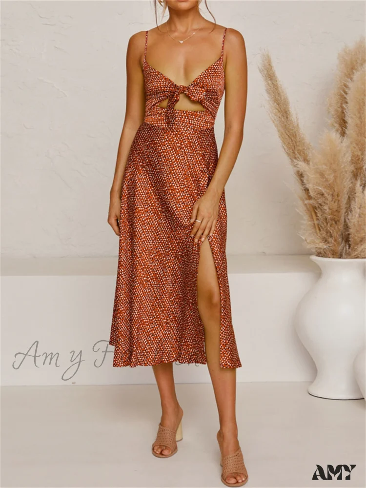 Amy Fashion - Dot Sling Knotted Sexy Hollow Dress - Image 5