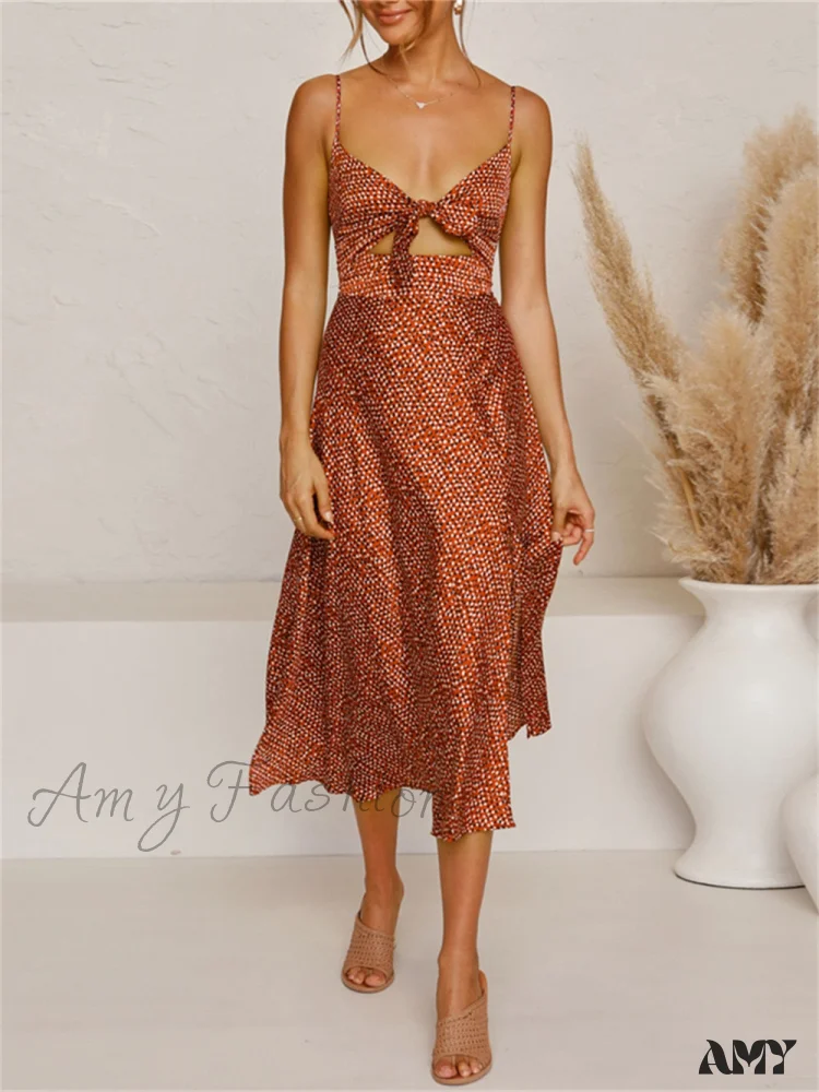 Amy Fashion - Dot Sling Knotted Sexy Hollow Dress - Image 7