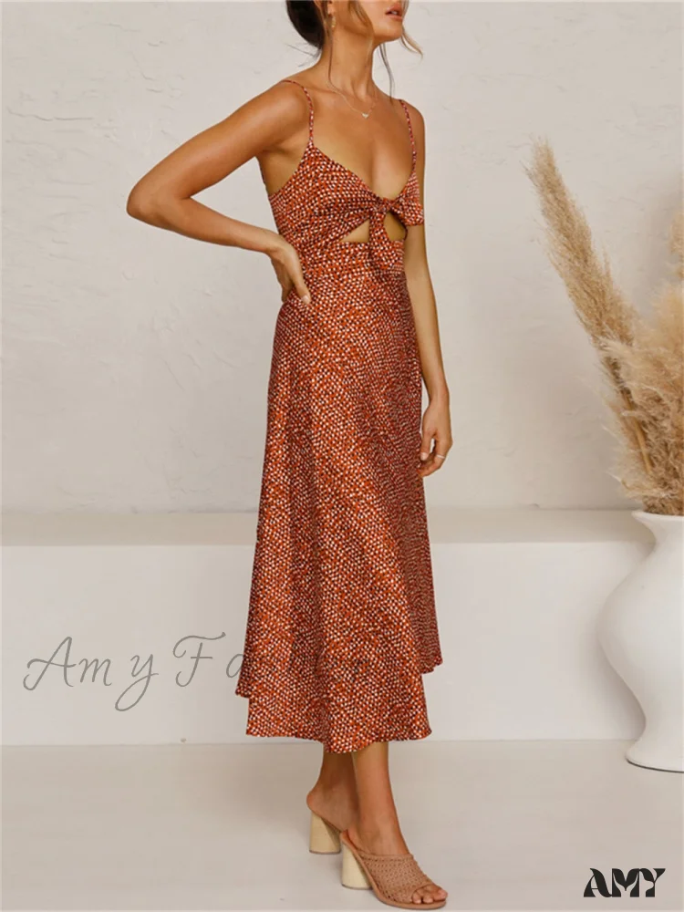 Amy Fashion - Dot Sling Knotted Sexy Hollow Dress - Image 8