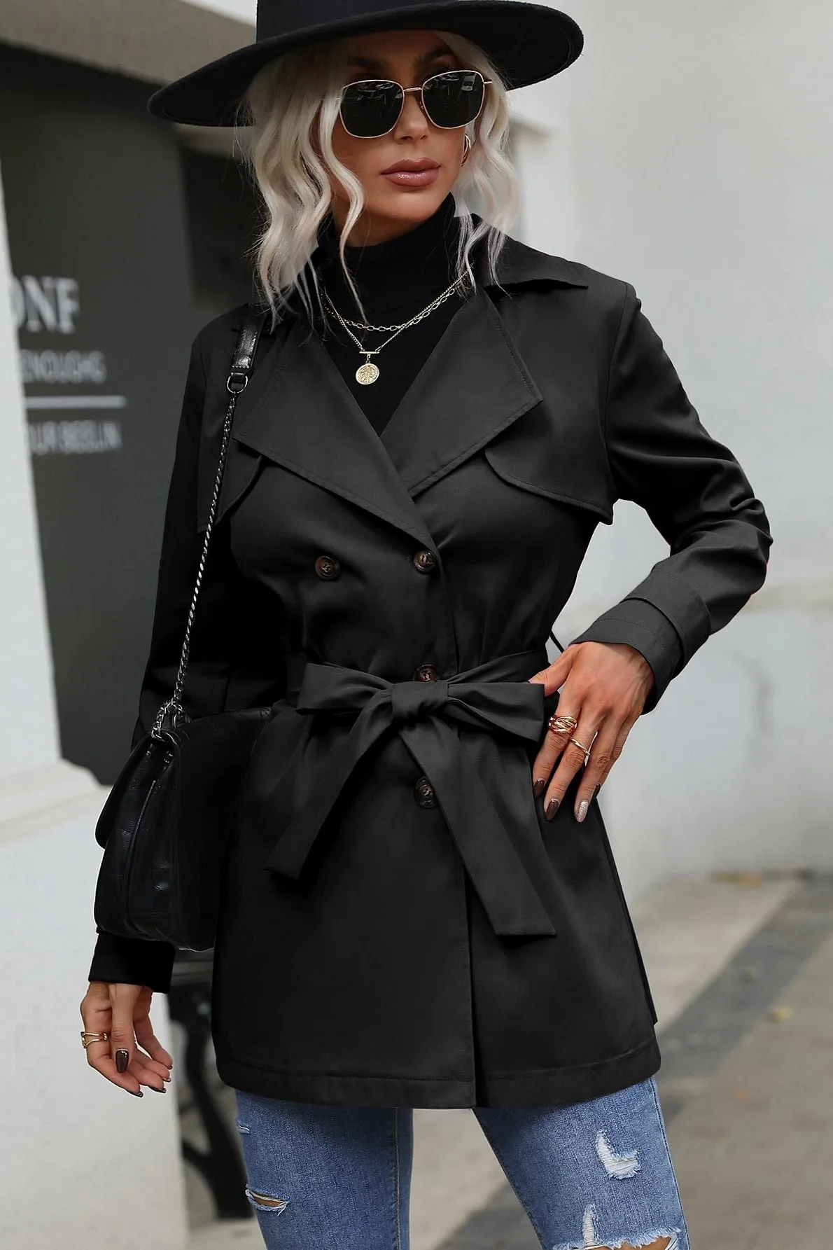 Double Breasted Tie Front Casual Fashion Coat - Image 4