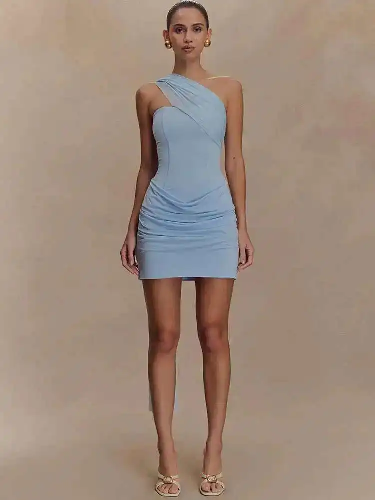 Draped Oblique Shoulder Mini Dress - Image 2